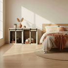 Modern bedroom with a wooden pet crate next to a bed
