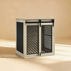 Wooden pet crate with geometric patterns on a beige background