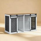 Modern wooden pet crate with sliding doors on a beige background