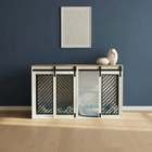 Modern white crate with sliding doors against a blue wall.