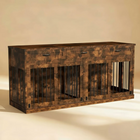 Wooden pet crate with multiple compartments on a beige background