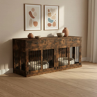 Wooden pet enclosure with pet beds inside, styled like a console table in a room.
