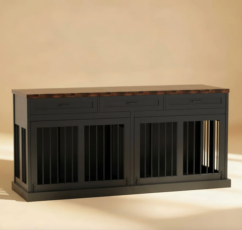 Dark wood cabinet pet crate on a beige background