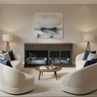 Modern living room with white sofas, a coffee table, and wooden pet crate.