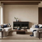Modern living room with white sofas, a wooden coffee table, and a wooden pet crate