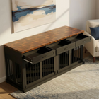 Furniture piece with wooden top and metal pet crate design in a living room setting