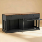 Dark wood pet crate with multiple drawers  on a beige background