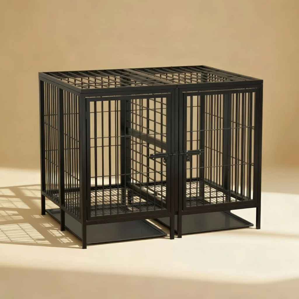 Black metal dog crate on a beige background