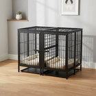 Black metal pet crate with a cushioned interior on a wooden floor.