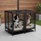Two dogs inside a large black metal dog crate on a patio.