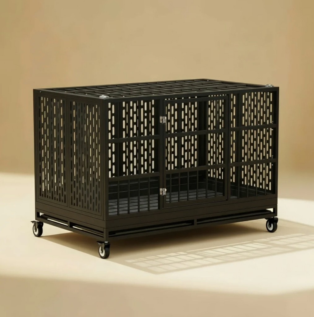 Black metal crate with wheels on a beige background