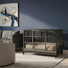 Modern pet crate in a room with a gray sofa and abstract painting on a blue wall.
