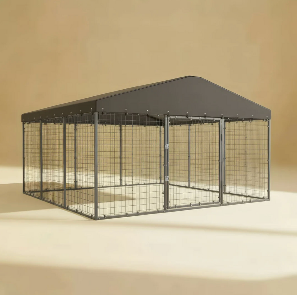 Pet crate with a gray roof on a beige background