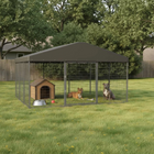 Dog kennel with two dogs and a doghouse in a grassy area with trees in the background