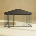 Dog kennel with black mesh sides and a black roof on a beige background