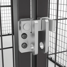 Metal latch mechanism on a wire mesh background
