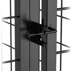 Black metal grid structure with a latch on a white background