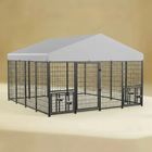 Large metal wire dog kennel with a gray cover on a beige background