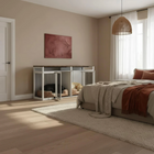 Modern bedroom with a bed, wooden pet crate, and decorative elements.