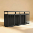 Wooden pet crate with black metal gate with horizontal bars on a beige background