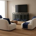 Modern living room with a wooden pet crate, white sofas, a coffee table, and a television.