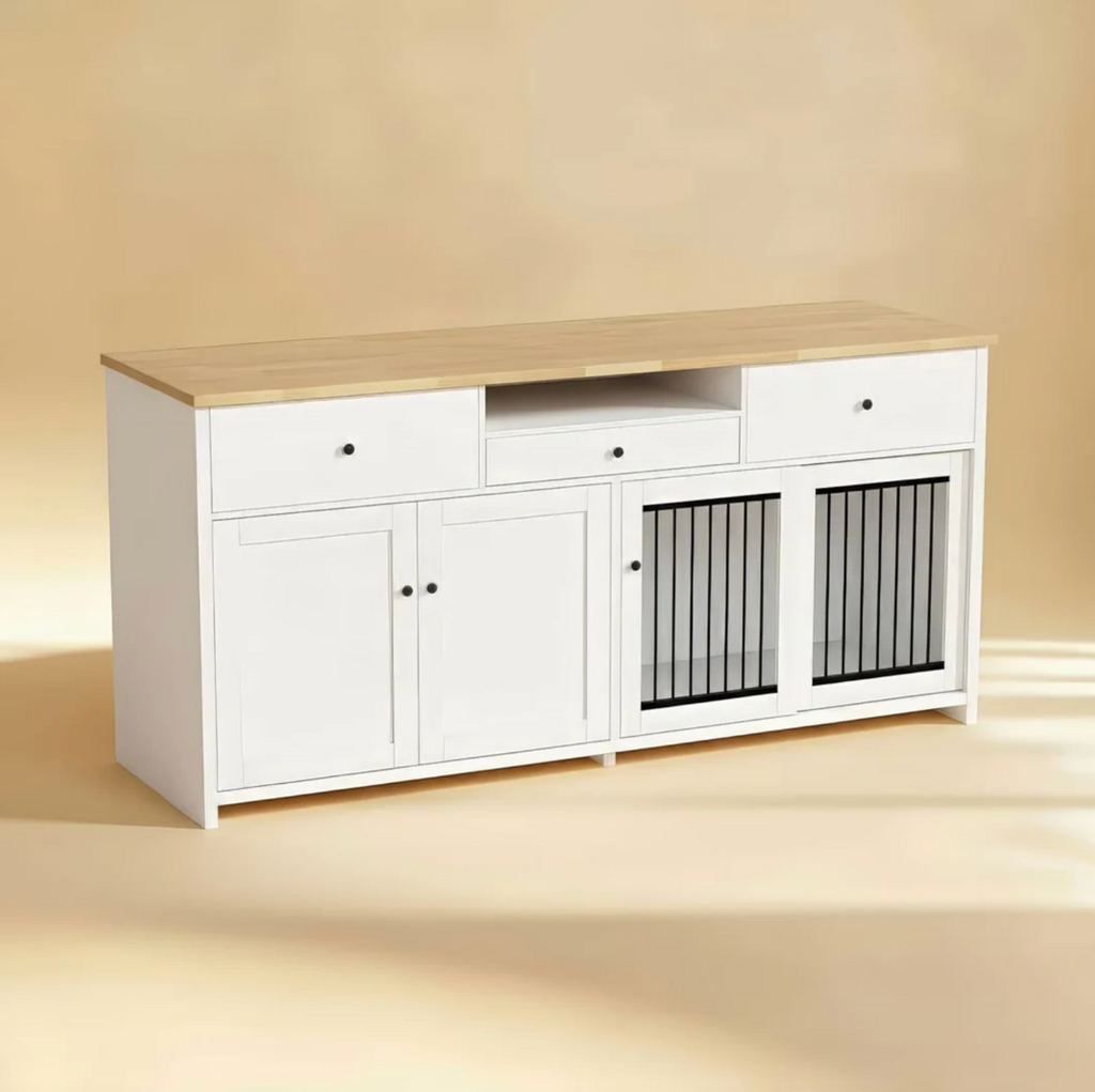 White wooden pet crate with wooden top on a beige background