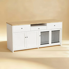 White wooden pet crate with wooden top on a beige background