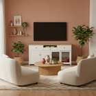 Modern living room with white furniture style pet crate, a TV, and decorative plants.
