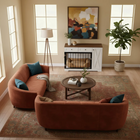 OnePaw SELENE living room with brown sectional sofa, coffee table, and a wooden pet crate.