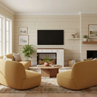 OnePaw SELENE modern living room with yellow sofa, coffee table, and TV a wooden crate.