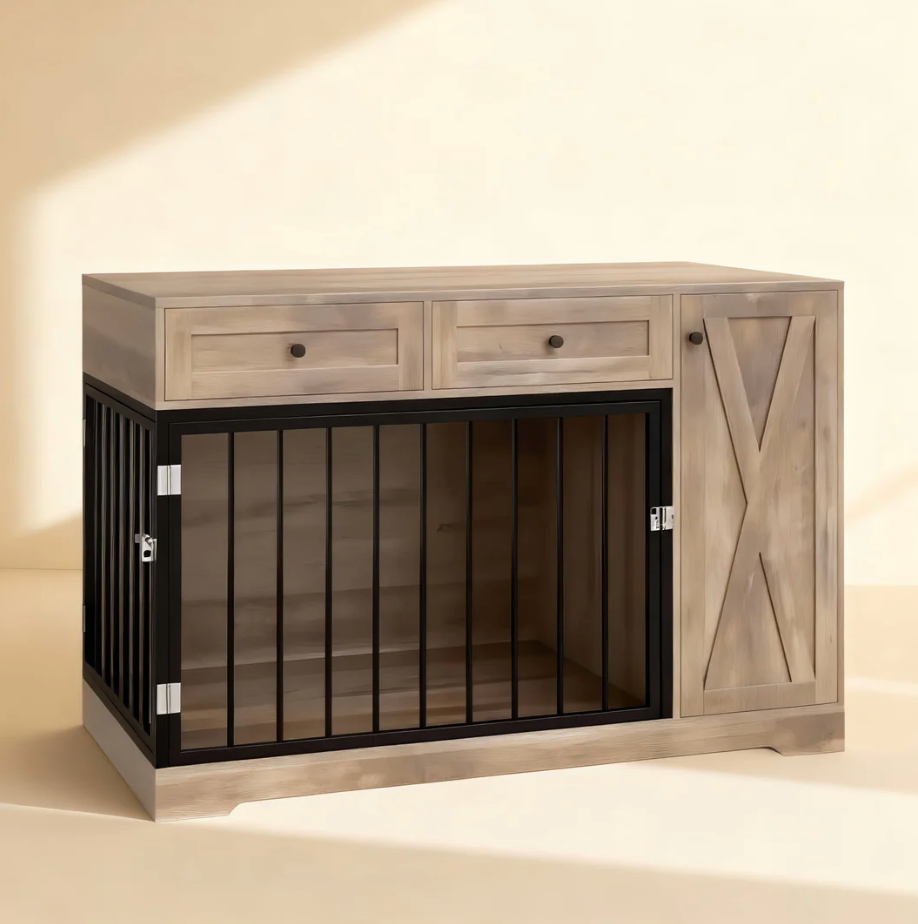 OnePaw SELENE wooden pet crate with barn door design on a beige background.