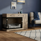 OnePaw SELENE pet crate with wooden doors in a room with a blue wall, white chair, and framed art.