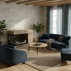OnePaw SELENE modern living room with dark blue sofa, wooden coffee table, and pet crate.