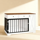 OnePaw SELENE white pet crate with wooden top and black metal bars on a beige background.