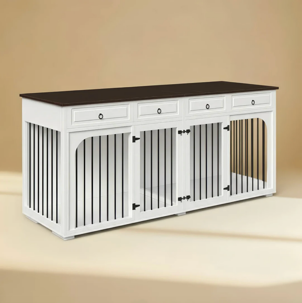 White pet crate with wooden top on a beige background