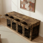 Wooden pet crate with storage drawers and metal cages in a room setting.
