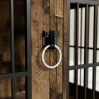 Wooden door with metal handle and black bars