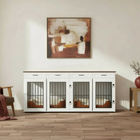 White pet crate with metal doors in a room with a painting on the wall.