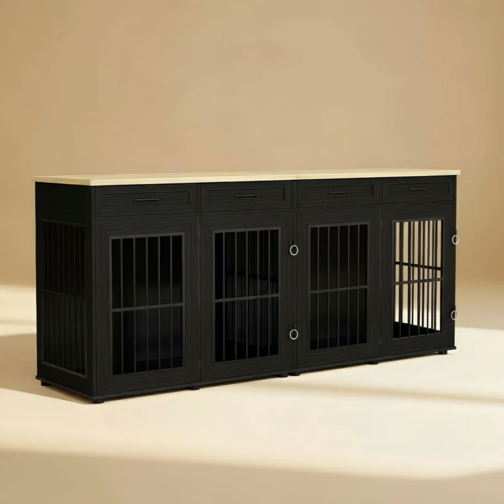 Black pet crate with metal panels on a beige background