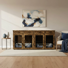 Wooden pet crate unit in a living room with abstract art on the wall.