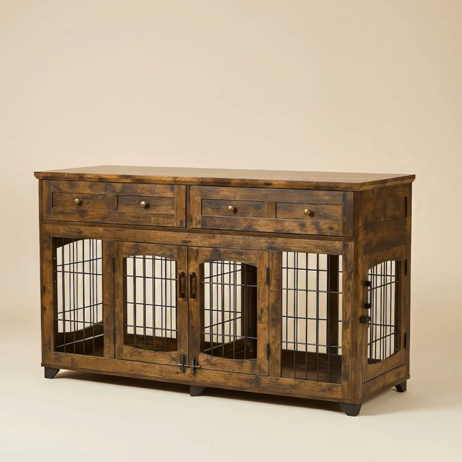 OnePaw THEIA wooden cabinet with pet crates on a beige background.