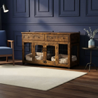 OnePaw THEIA wooden pet crate with dark blue walls and wooden flooring.