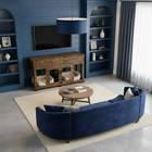 OnePaw THEIA modern living room with blue sofa, wooden pet crate, and bookshelves.