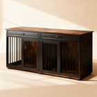 OnePaw Vesta dark wood pet crate with wooden top on a beige background