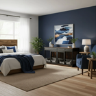 OnePaw Vesta modern bedroom with a bed, furniture pet crate, and abstract art on a blue wall.