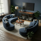 OnePaw Vesta modern living room with a curved blue sofa, wooden coffee table, and TV stand.
