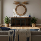 OnePaw Vesta living room with a wooden console style crate, round mirror, and decorative elements.
