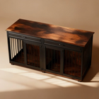 OnePaw Vesta wooden pet crate with dark finish on a beige background