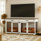 OnePaw Vesta white entertainment console with pet kennels and beds in a living room setting.