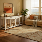 OnePaw Vesta living room with a beige sofa, rug, and furniture style crate.